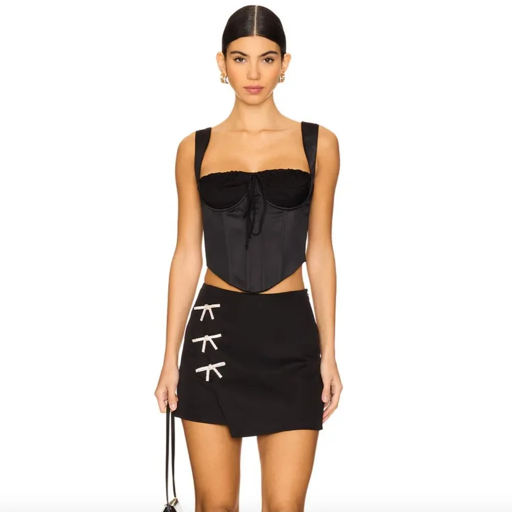 MORE TO COME Ember Mini Skirt in Black Silver Bow Embellished Wrapped XS